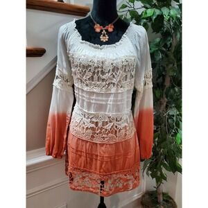 Manoreno Women's White & Orange 100% Tunic Round Neck Long Sleeve Blouse Size S